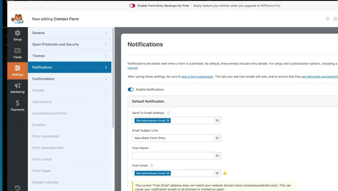 WPForms notification settings showing the recipient and From Email fields
