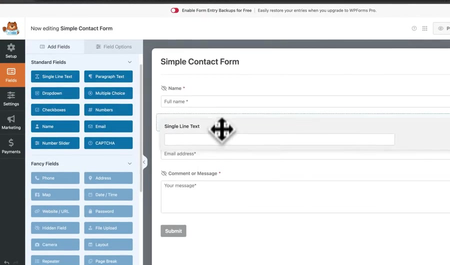 WPForms editor showing the fields in a simple WordPress contact form