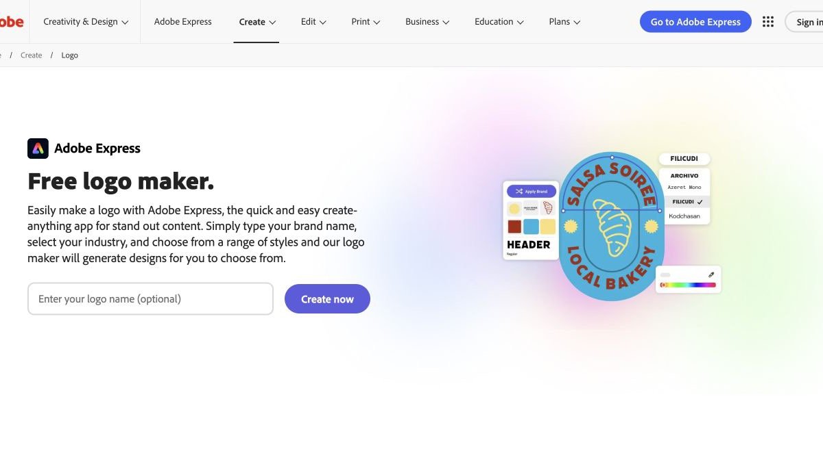 Adobe Express free logo maker showing a bakery logo with font, color, and brand controls