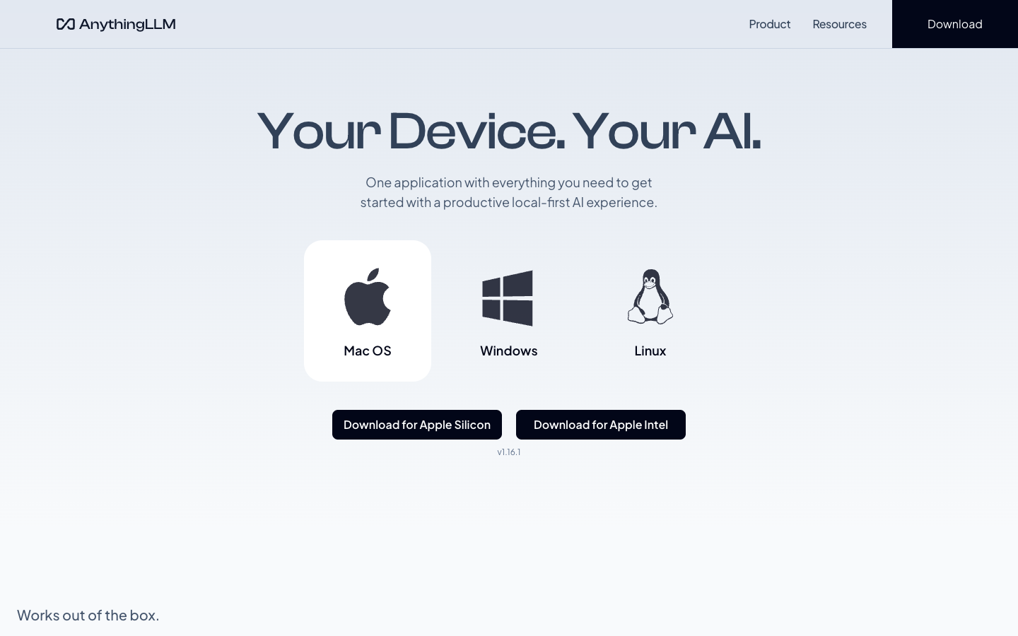 AnythingLLM official download page showing desktop installers for macOS, Windows, and Linux