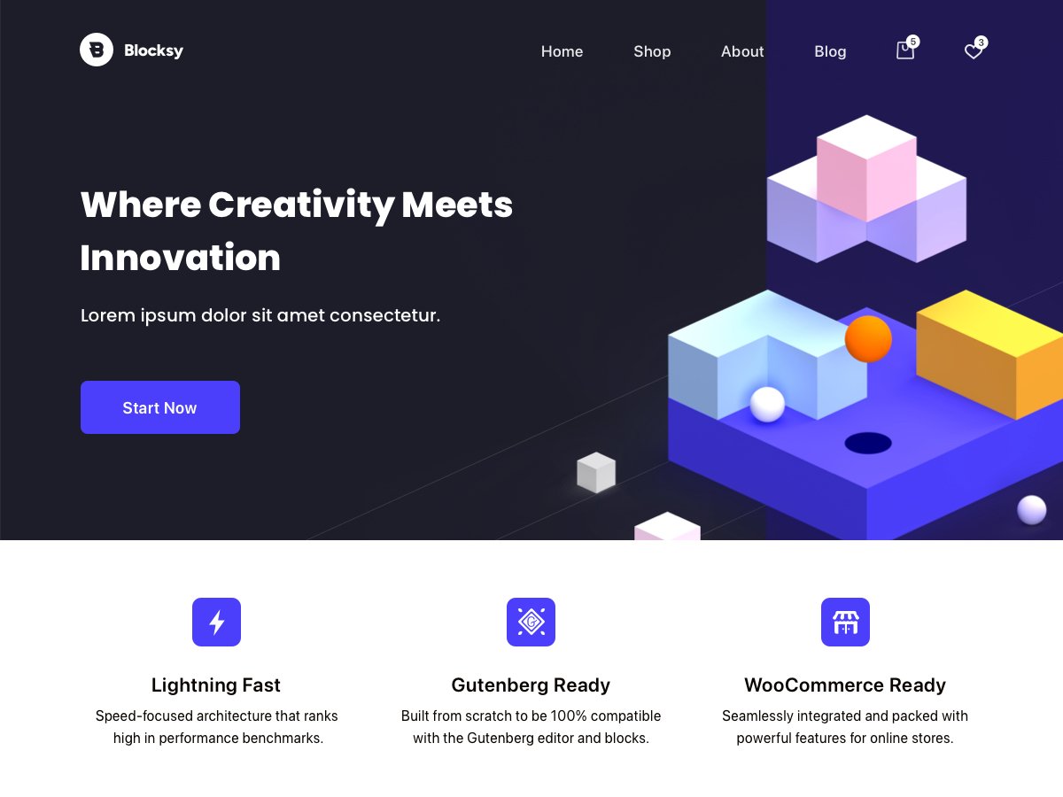 Blocksy official WordPress theme preview showing a modern WooCommerce-ready layout