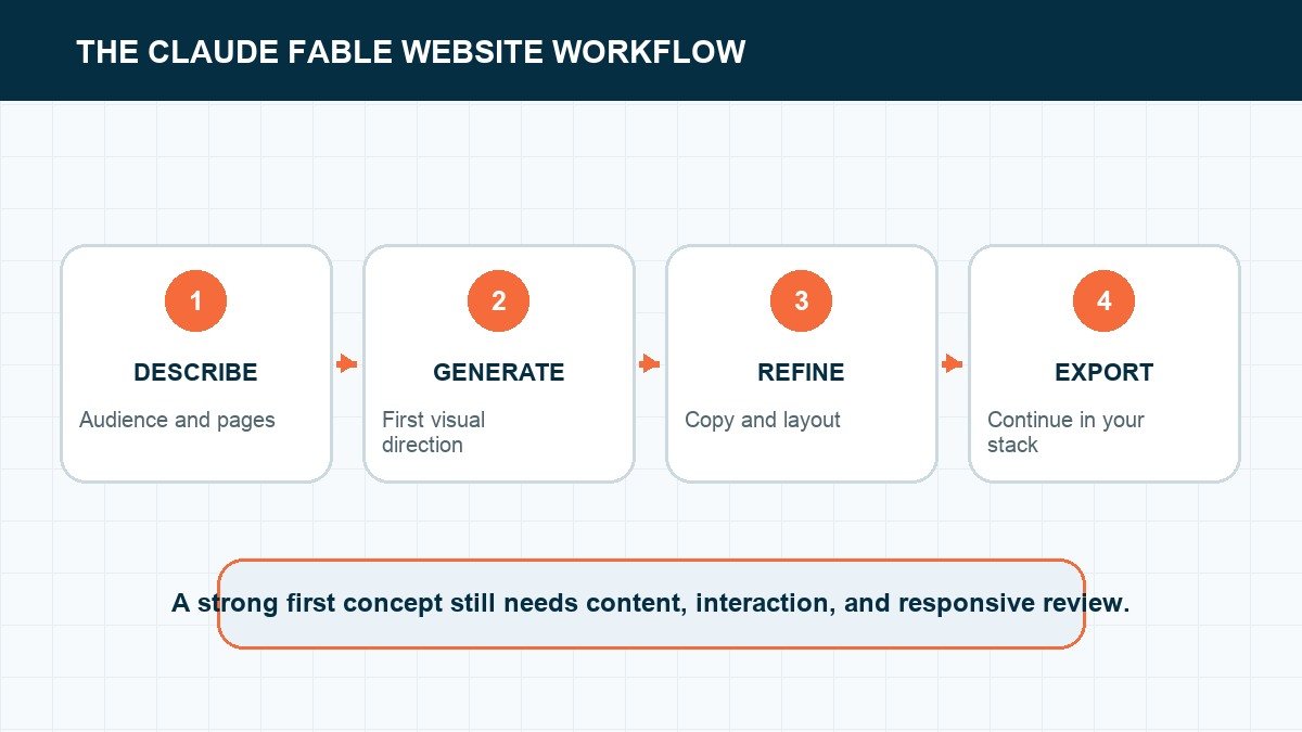 Claude Fable workflow from describing a website through generation refinement and export