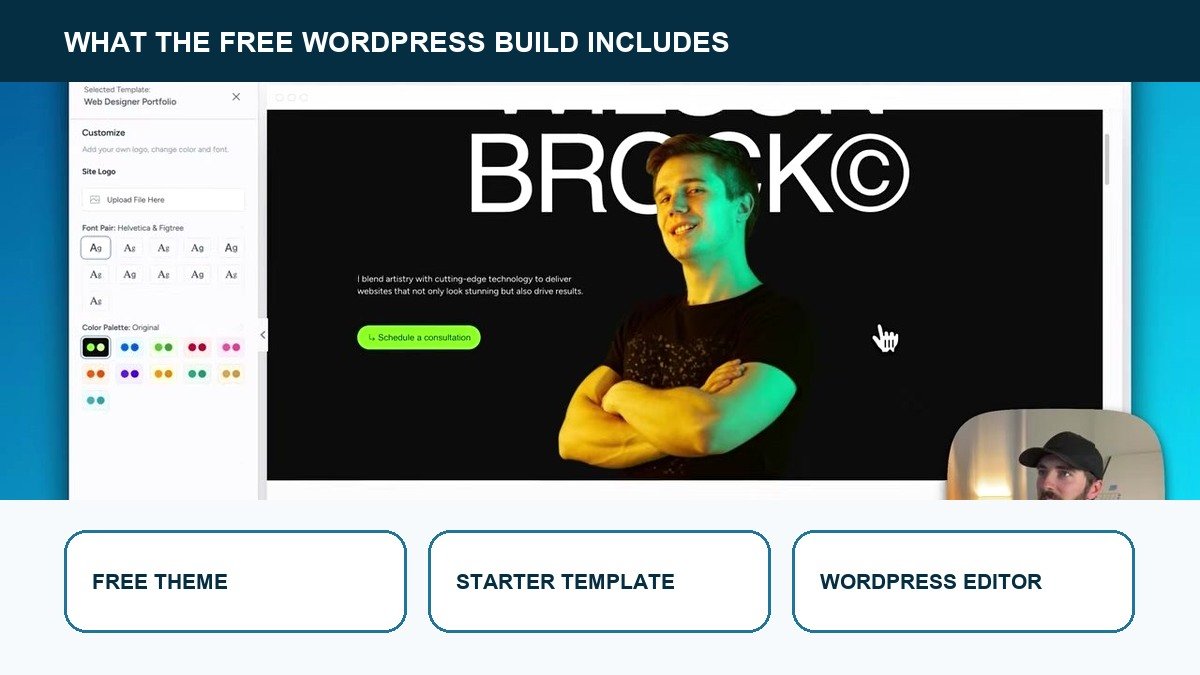 Free WordPress build showing the theme starter template and editor