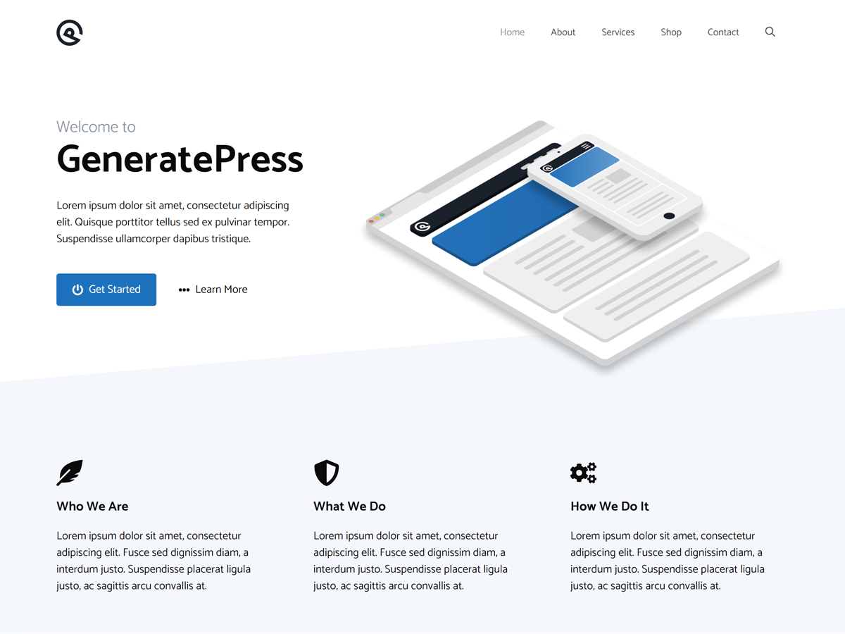 GeneratePress official WordPress theme preview showing a clean responsive website layout