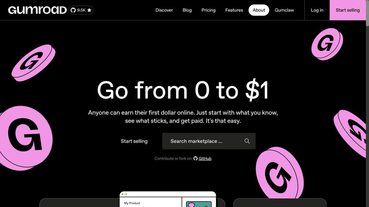 Gumroad homepage showing its digital-product storefront and start-selling controls