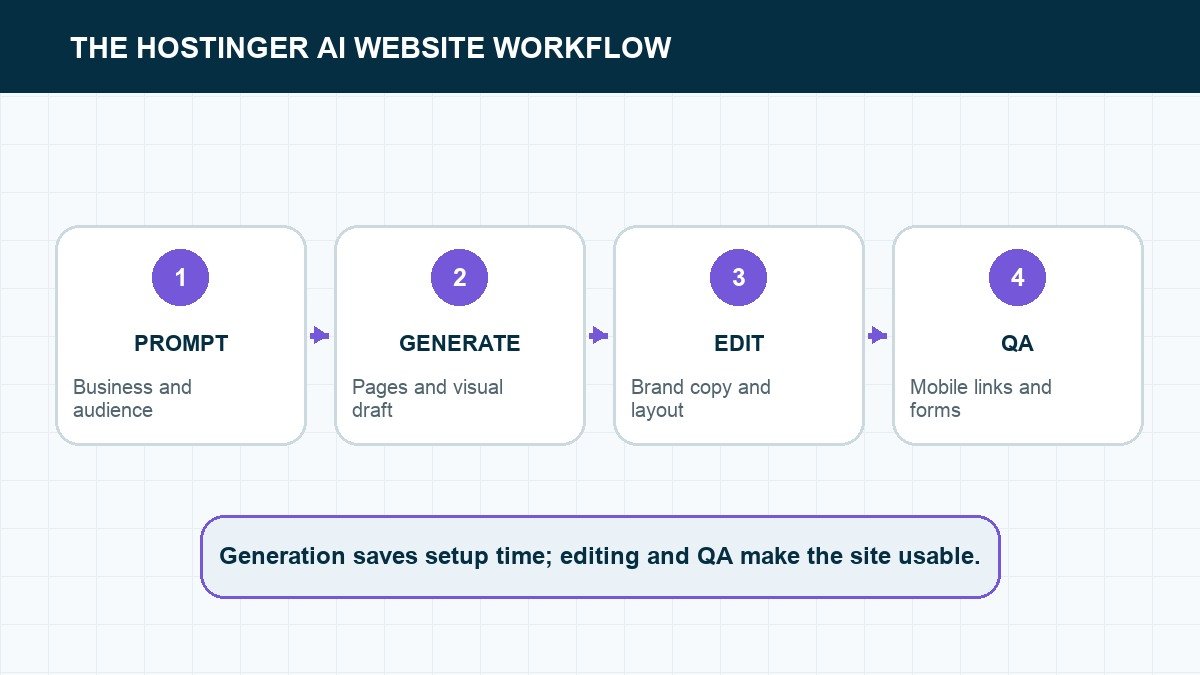 Hostinger AI website workflow from prompt through generation editing and QA