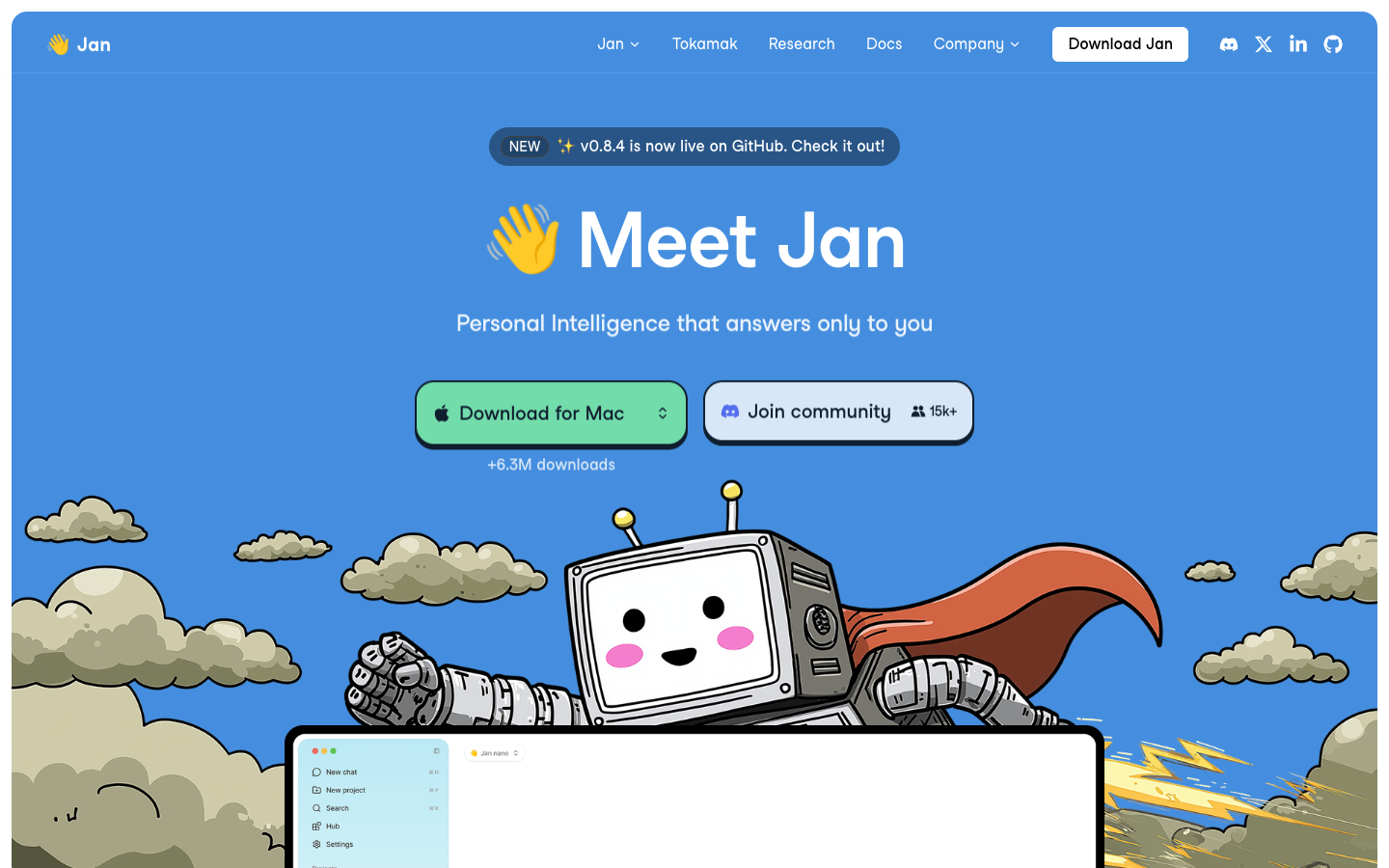 Jan official homepage with a Mac download button and a preview of its desktop interface