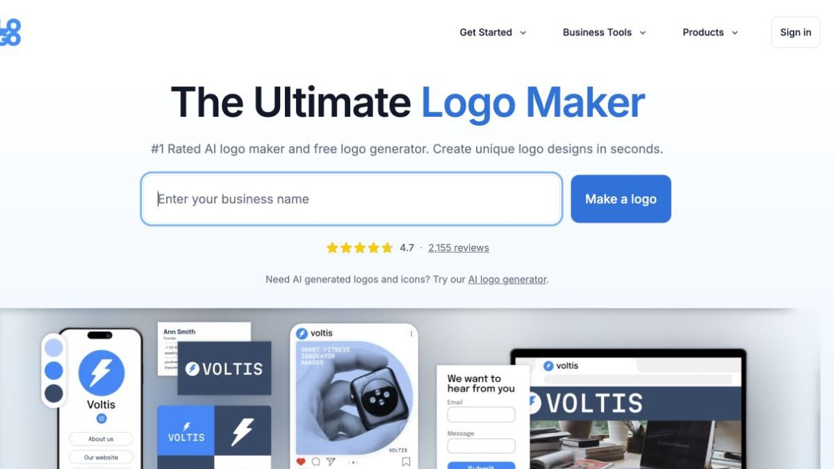 Logo.com free logo maker with a business-name field and branded website and social previews