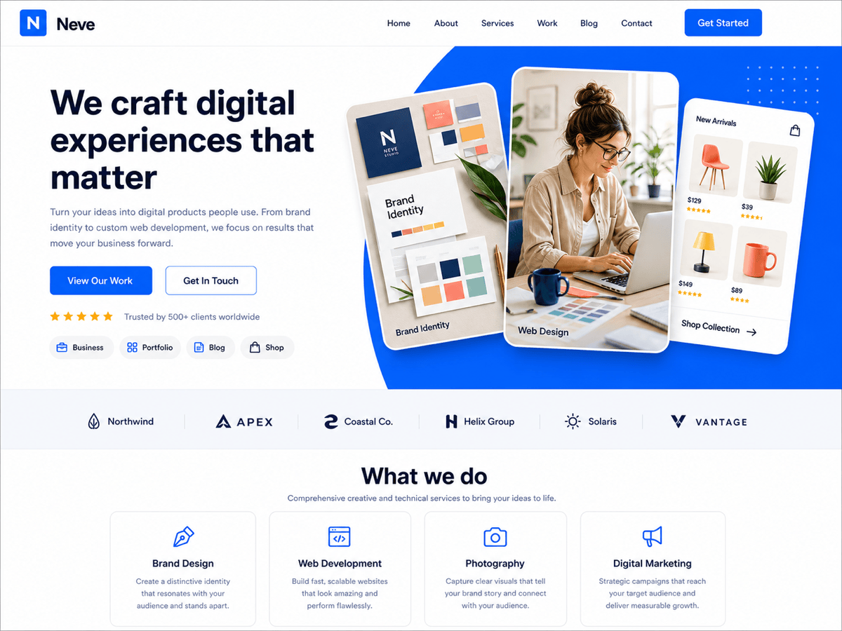 Neve official WordPress theme preview showing business, portfolio, blog, and shop layouts