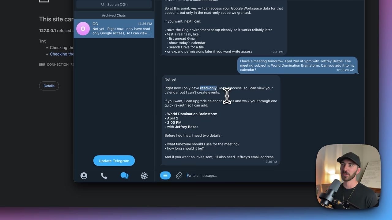 OpenClaw creating a calendar event through Telegram