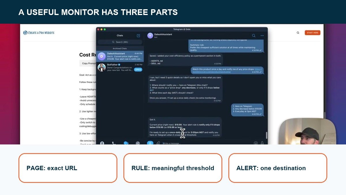 Anatomy of a useful OpenClaw monitor: exact page, meaningful rule, and clear alert