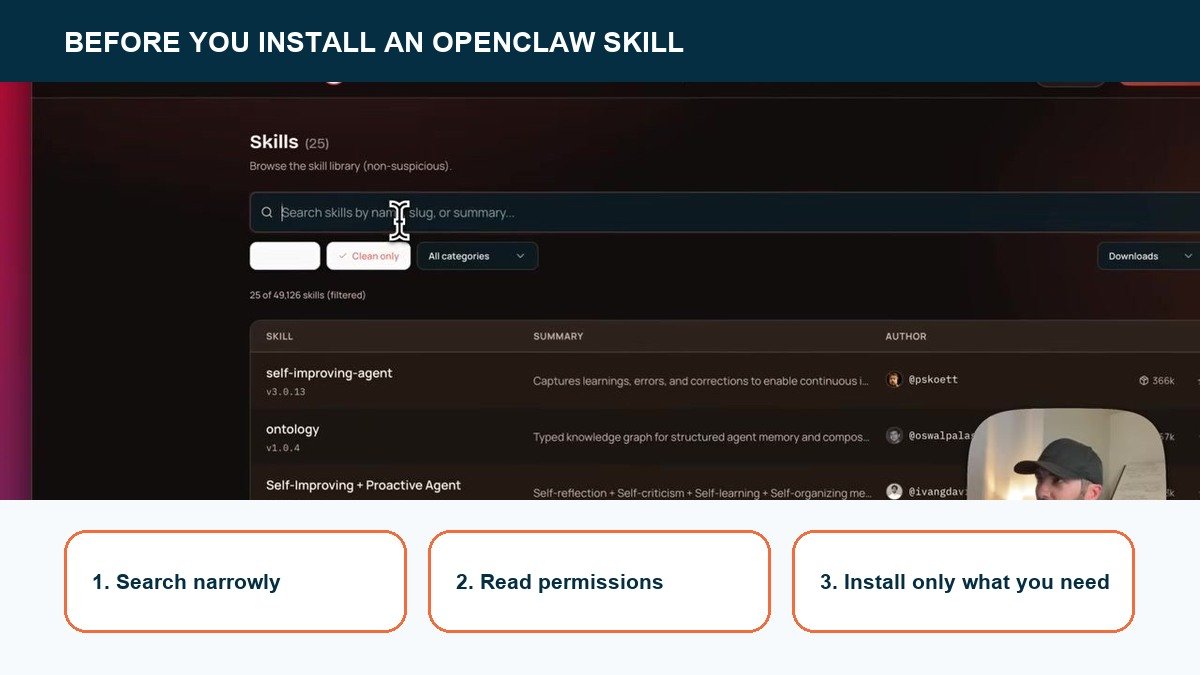Three-step checklist for reviewing an OpenClaw skill before installation
