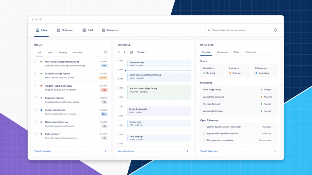 Operations website with inbox, schedule, and daily brief areas in one browser surface