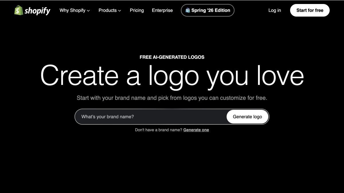 Shopify free AI logo maker asking for a brand name before generating customizable logo ideas