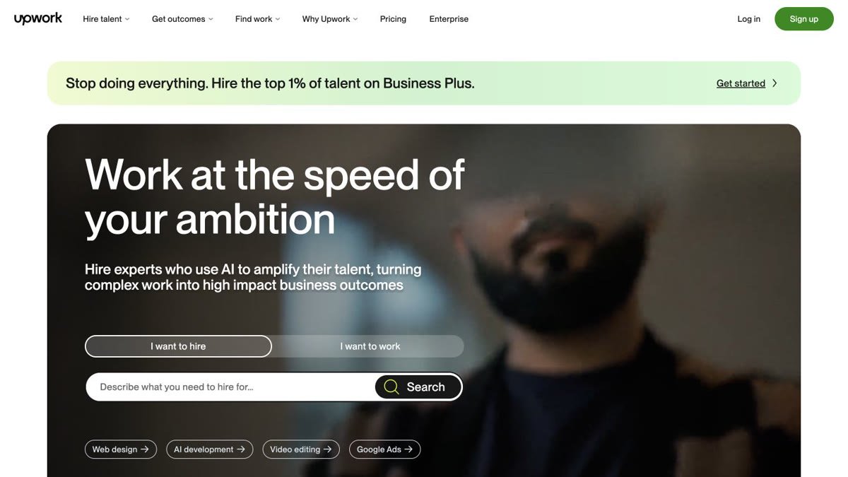 Upwork homepage with options to hire talent or find freelance work in web design, development, video editing, and marketing