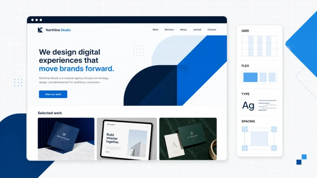 Custom agency website canvas with grid, flex, type, and spacing controls