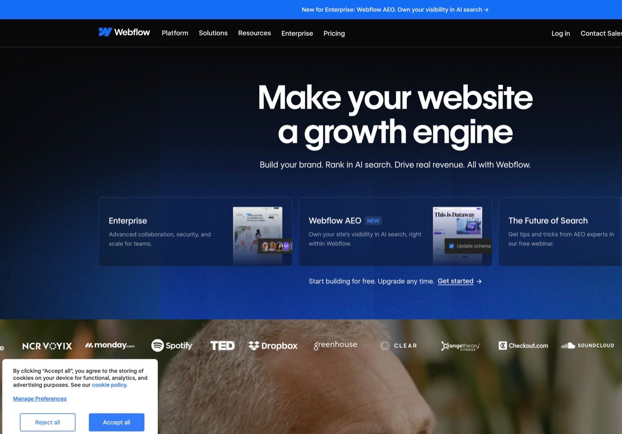 Webflow homepage introducing its visual website platform