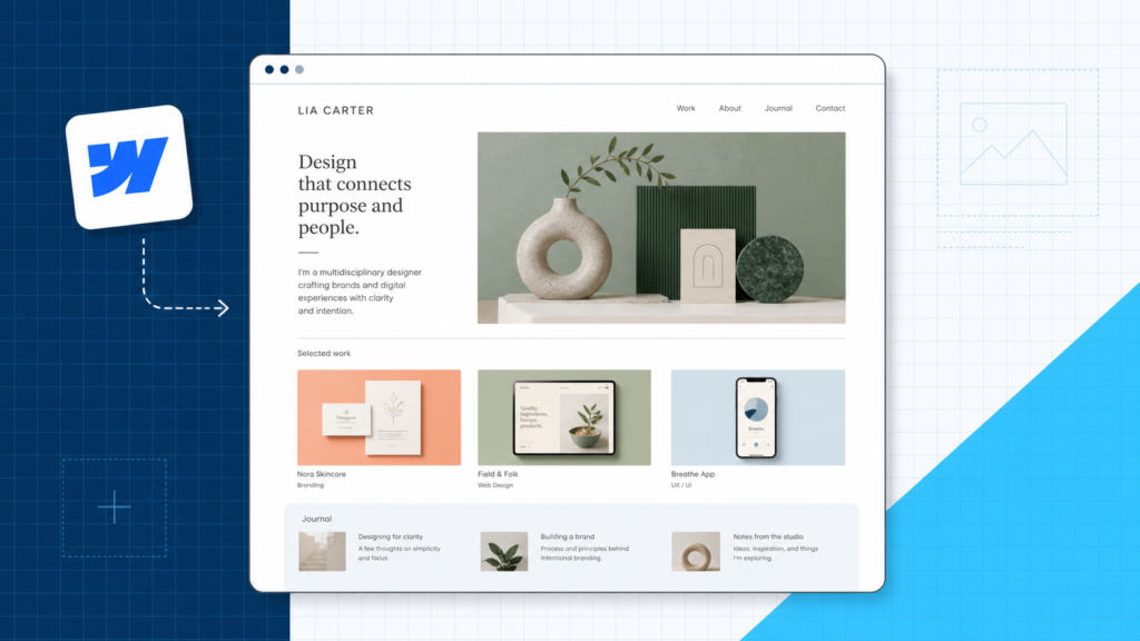 A finished portfolio website represented inside the Create a Pro Website blue-grid editorial system with a Webflow platform mark