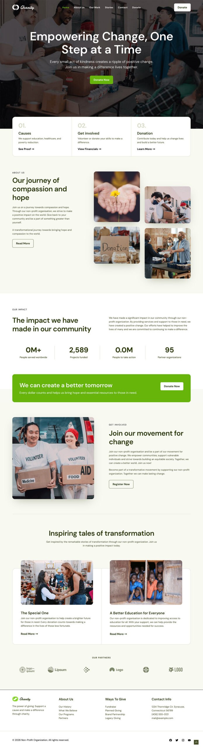 Full-page screenshot of an Astra nonprofit starter template with mission, work, impact, donation, volunteer, stories, and footer sections.