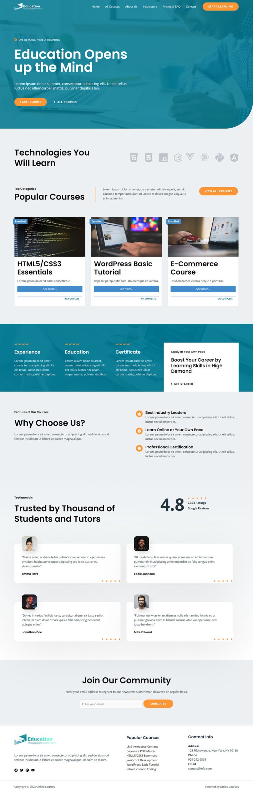 Full-page screenshot of an Astra online course starter template with a hero, course cards, proof, email capture, and footer.