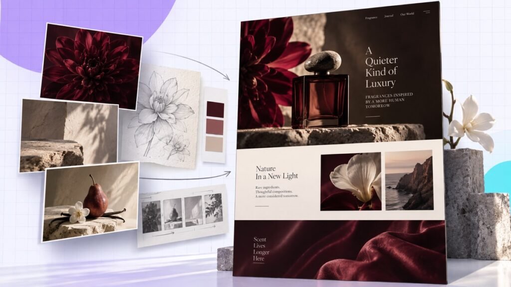 Website-building workflow turning visual references and a storyboard into a cinematic fragrance website.