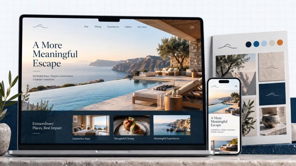 Premium hospitality website shown across laptop and mobile beside a coordinated brand kit.