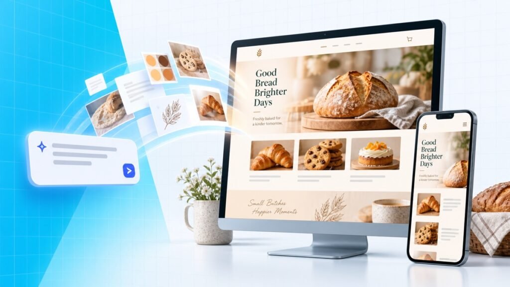 AI website workflow turning a prompt and visual references into a finished bakery website on desktop and mobile.