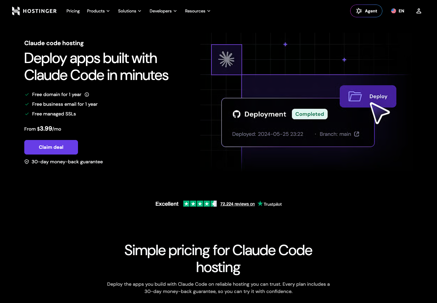 Full-width screenshot of Hostinger's Claude Code hosting page showing its deployment-focused offer.