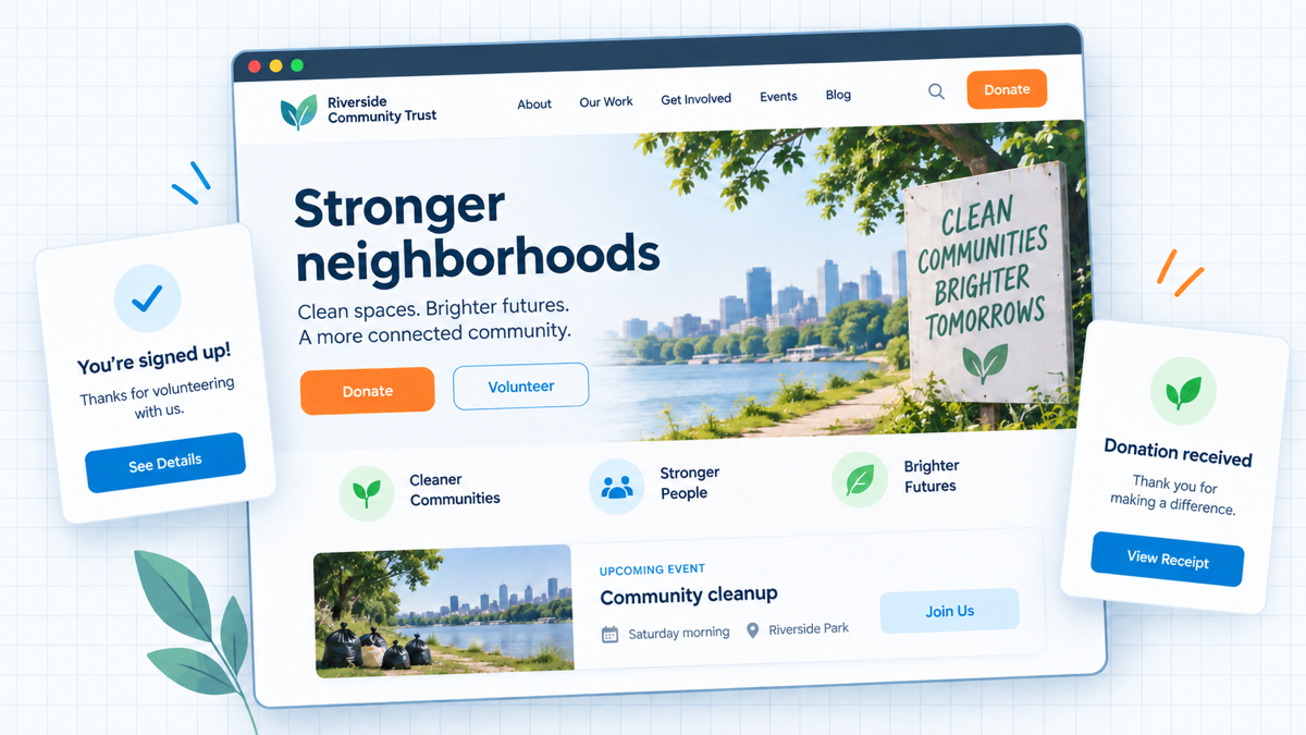 A fictional community nonprofit website with donation, volunteer, and event actions plus confirmation cards.
