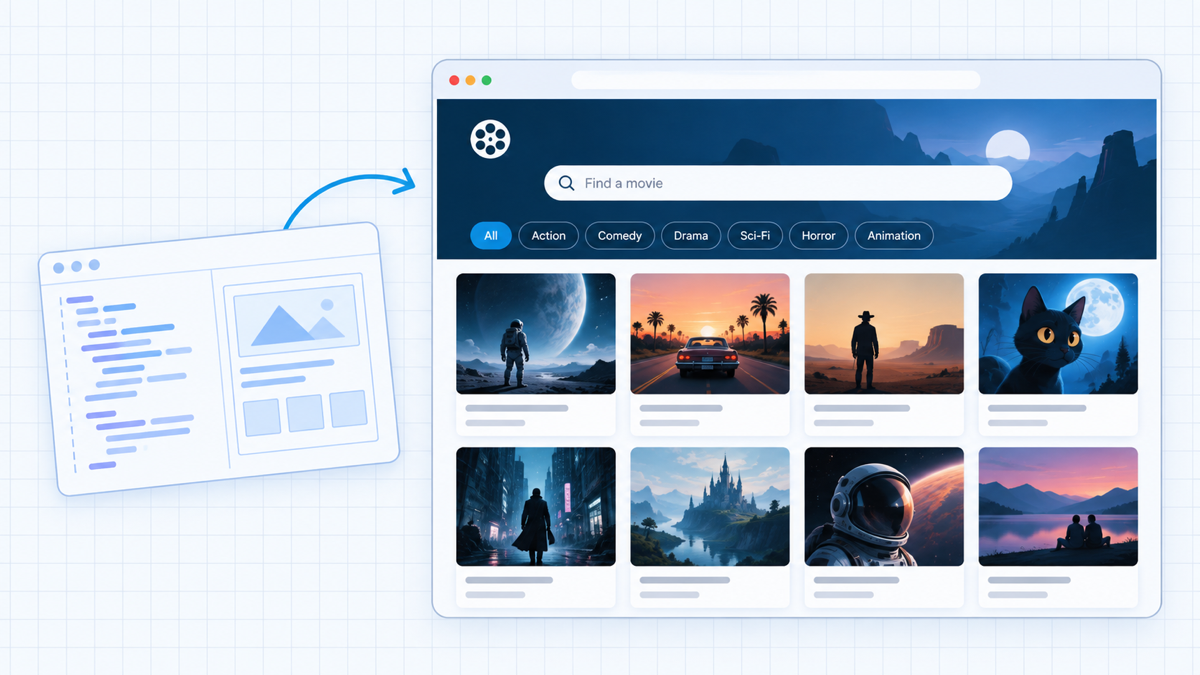 A fictional movie-finder web app beside a clean code blueprint on the Create A Pro Website grid.