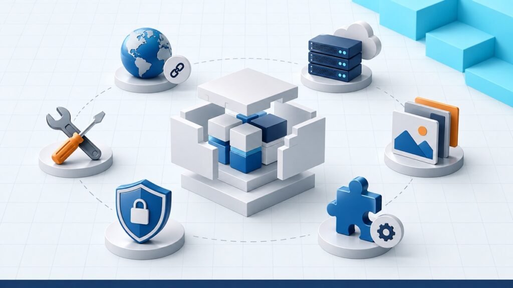 Free WordPress core surrounded by separate domain, hosting, design, security, plugin, and maintenance pieces.