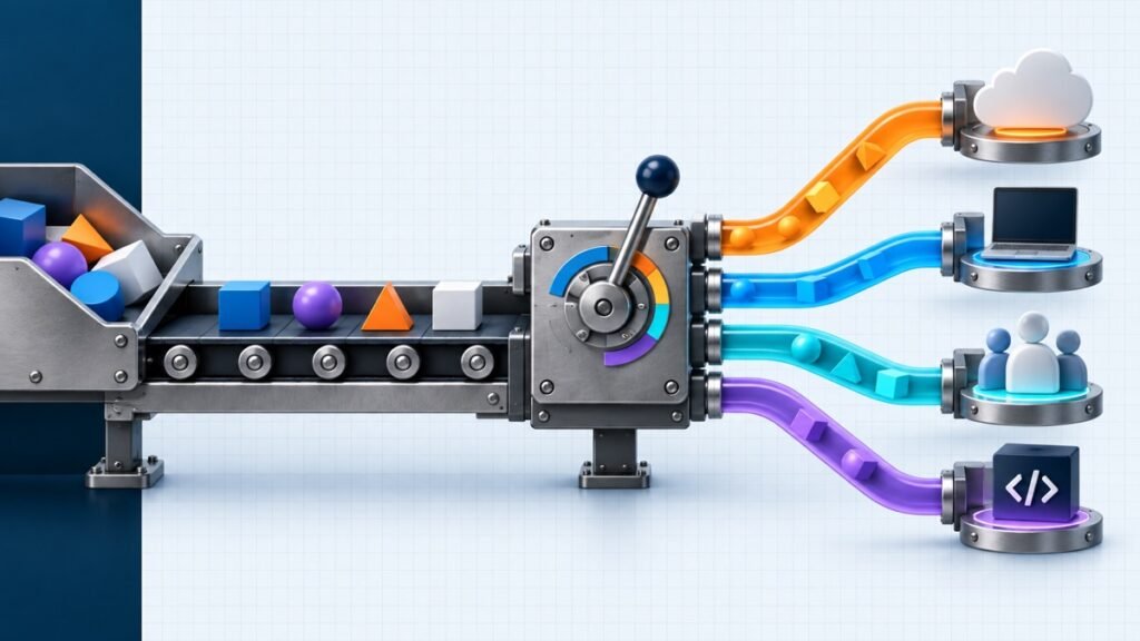 Automation routing machine splitting one workflow into cloud, local computer, team, and code paths.