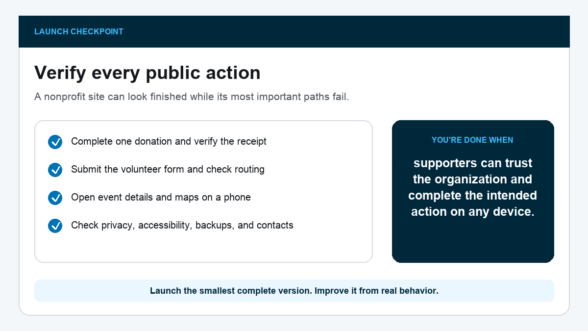 Checklist for testing donations, volunteer routing, event details, privacy, accessibility, backups, and contacts.