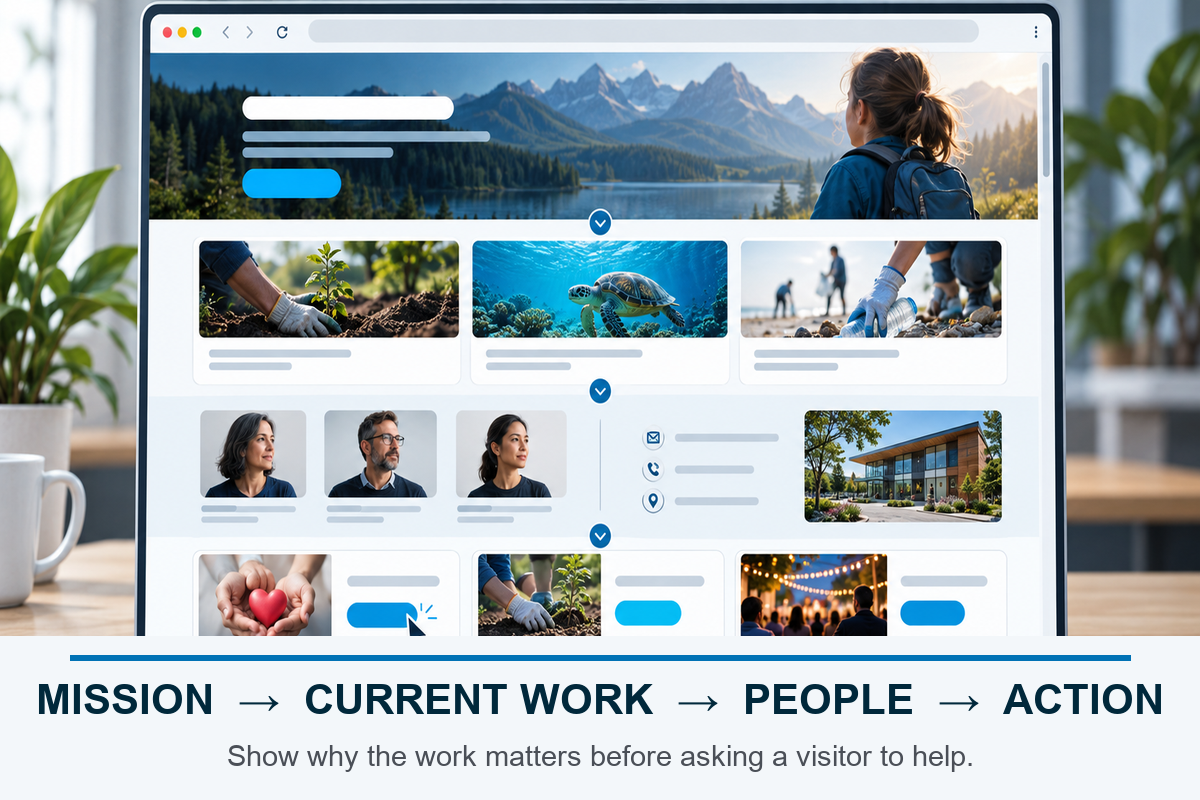 A fictional nonprofit homepage showing mission, current work, responsible people, and clear paths to donate, volunteer, or attend.
