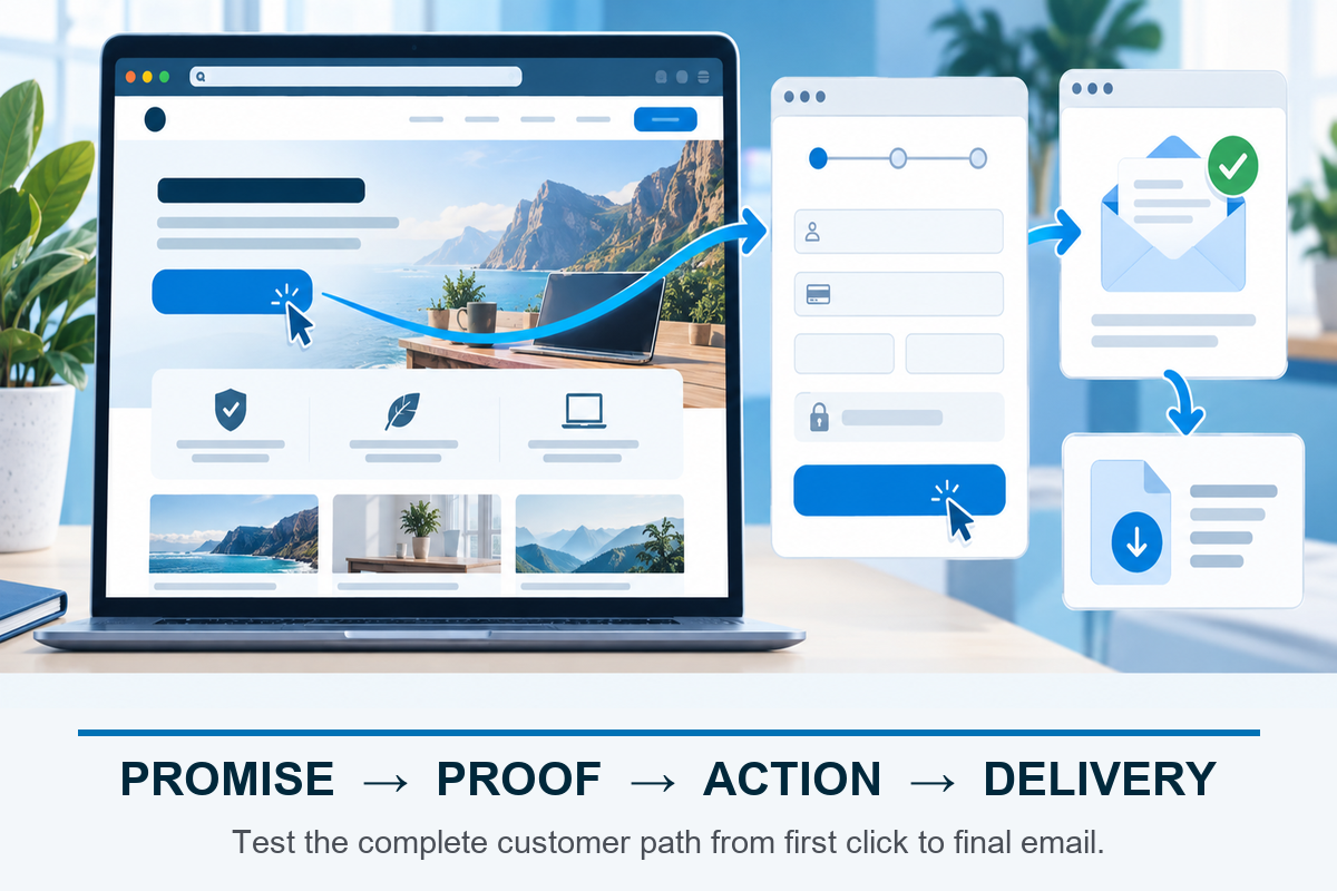 A fictional online business website connected to a primary action, checkout, confirmation email, and digital delivery.