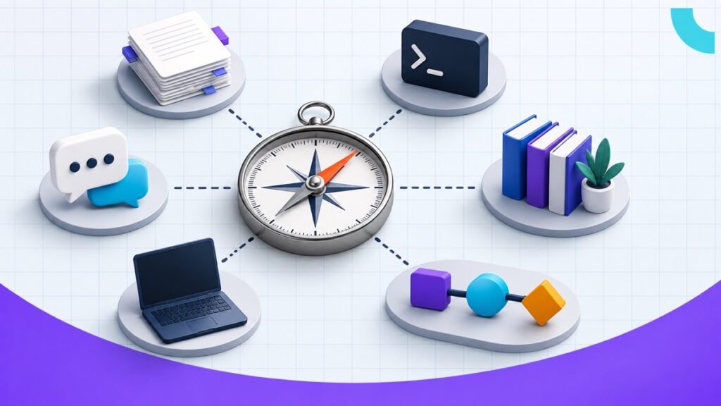 Decision compass surrounded by six different AI assistant workflow approaches.