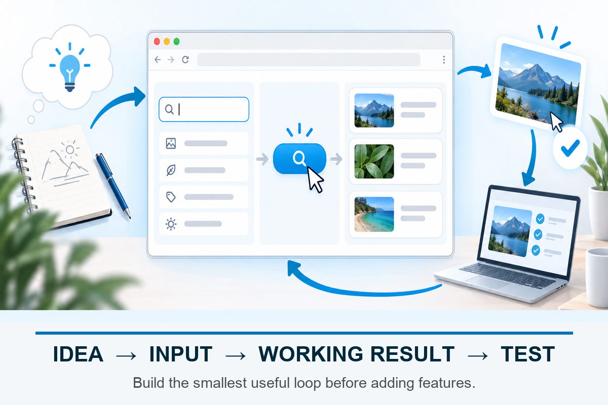 A fictional browser illustration showing an idea moving through an input and interaction to a useful result that is tested.