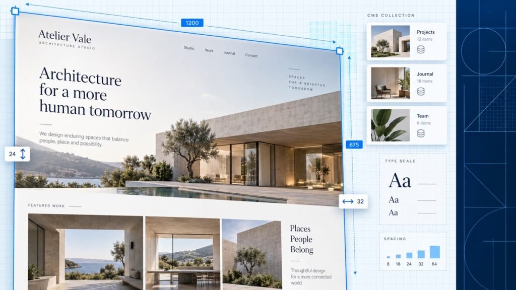 Architecture website canvas with layout controls, CMS collections, type scale, and spacing guides.