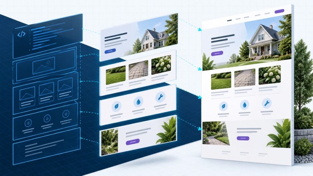 Coded website blueprint transforming into an editable local-service website.