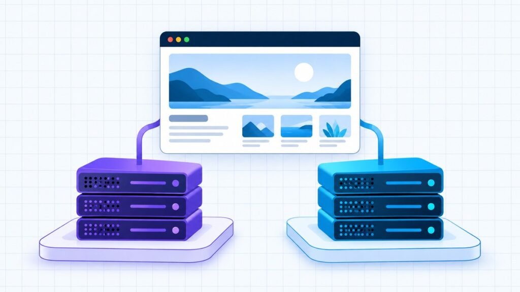 Original hosting comparison illustration with a website card above contrasting server stacks